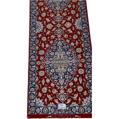 "Hand-knotted red Persian runner rug with traditional design and silk details"