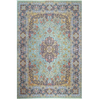 "Hand-knotted Persian rug with wool and silk blend, crafted in Isfahan, Iran, by Ali Karbasizadeh."
