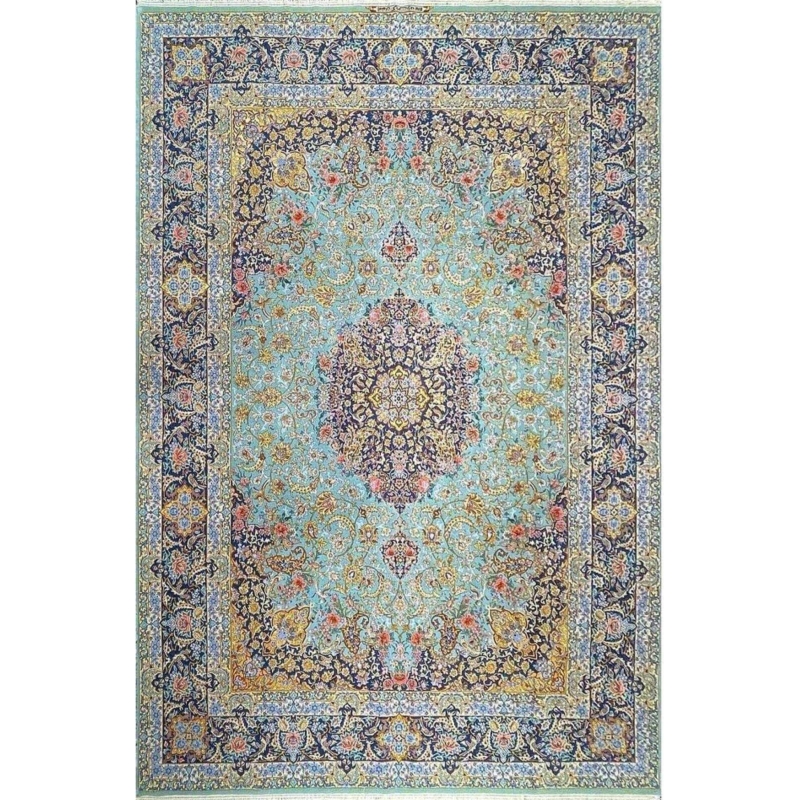"Hand-knotted Persian rug with wool and silk blend, crafted in Isfahan, Iran, by Ali Karbasizadeh."