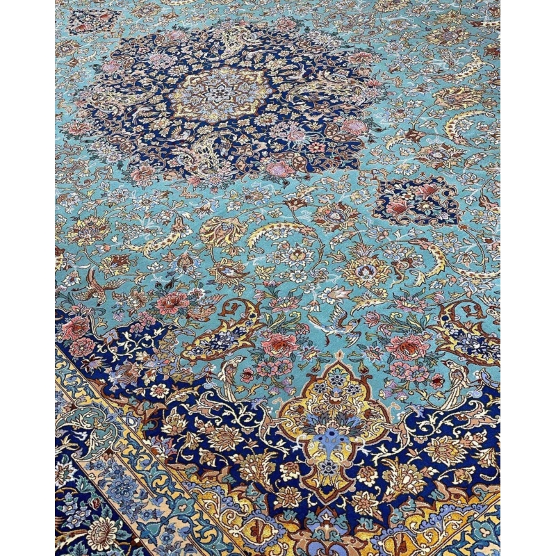 "Custom Persian rug for sale, hand-knotted in Iran with premium silk and wool materials."