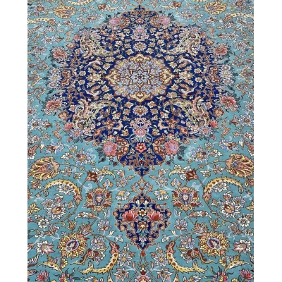"Unique Persian silk and wool rug, made in Isfahan, Iran, available in limited stock."