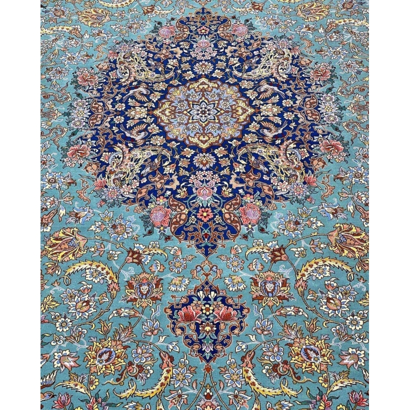 "Unique Persian silk and wool rug, made in Isfahan, Iran, available in limited stock."