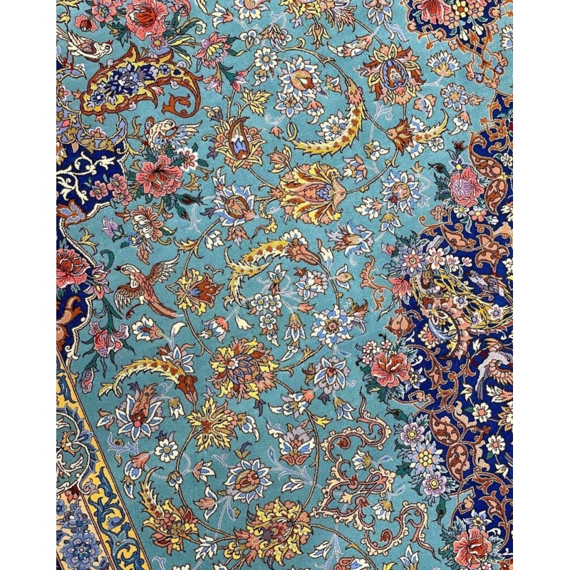"Masterfully crafted Isfahan Persian rug, featuring 810,000 knots per square meter, silk and wool blend."
