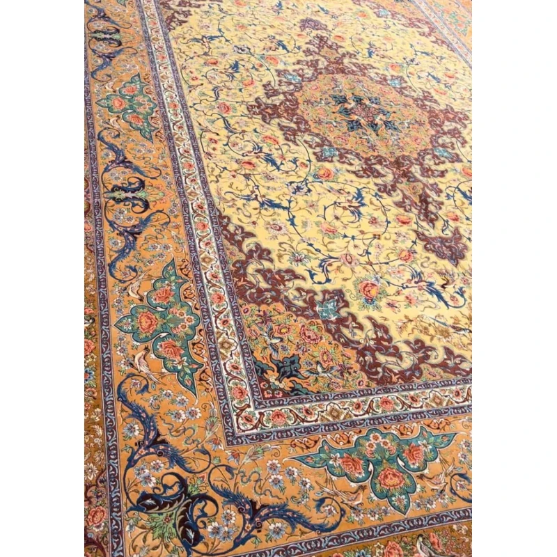 "Large 350 x 250 cm Persian rug showcasing detailed patterns and silk warp construction"