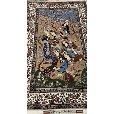 "Hand-knotted Seirafian pictorial rug by Master Bagher Seirafian, depicting Persian musicians, crafted from silk and wool in Isfahan."