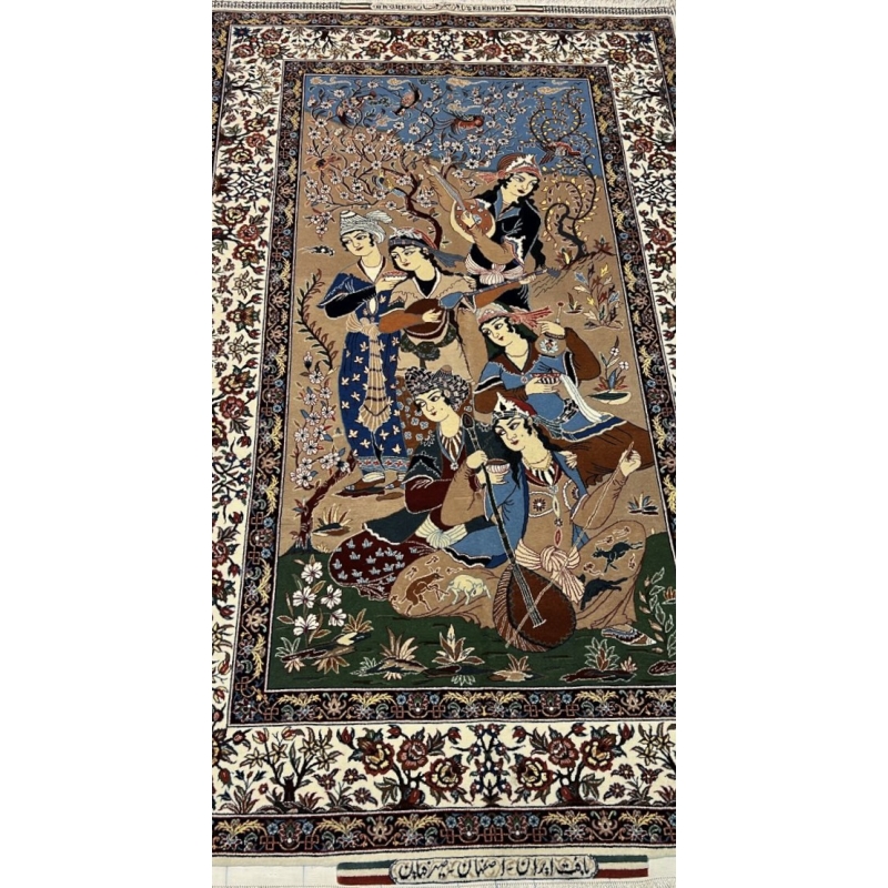 "Hand-knotted Seirafian pictorial rug by Master Bagher Seirafian, depicting Persian musicians, crafted from silk and wool in Isfahan."