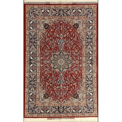 "Hand-knotted Seirafian Persian rug with red medallion design, made from silk and wool, measuring 5.7x3.5 ft, crafted in Isfahan by master weaver Bagher Seirafian."