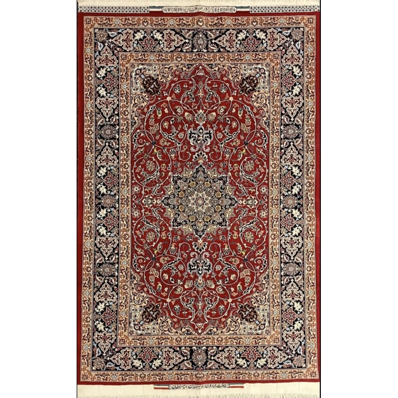 "Hand-knotted Seirafian Persian rug with red medallion design, made from silk and wool, measuring 5.7x3.5 ft, crafted in Isfahan by master weaver Bagher Seirafian."