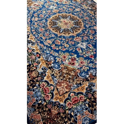 "High-quality Persian rug by master weaver Mirzaie, with intricate designs and wool-silk pile."