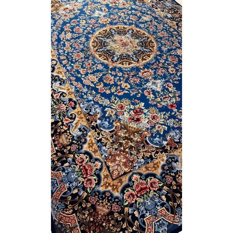 "High-quality Persian rug by master weaver Mirzaie, with intricate designs and wool-silk pile."
