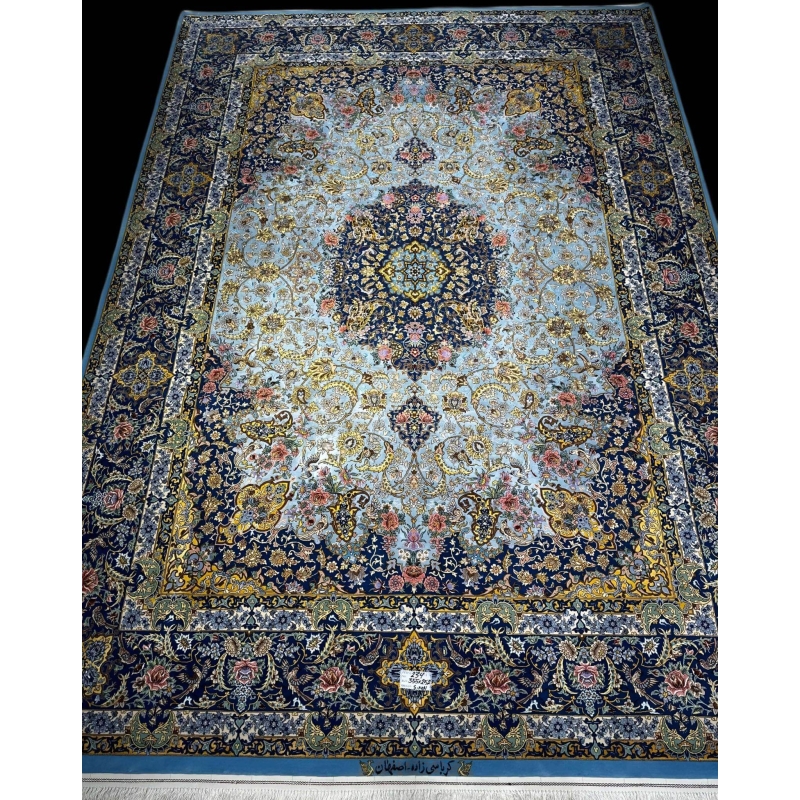 "Elegant Isfahan rug, 11.5 feet x 8.2 feet, featuring wool and silk pile with 810,000 knots per square meter."