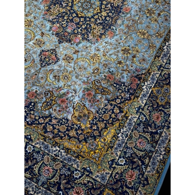 "Exclusive handmade Persian rug in wool and silk with intricate patterns, crafted by Ali Karbasizadeh."