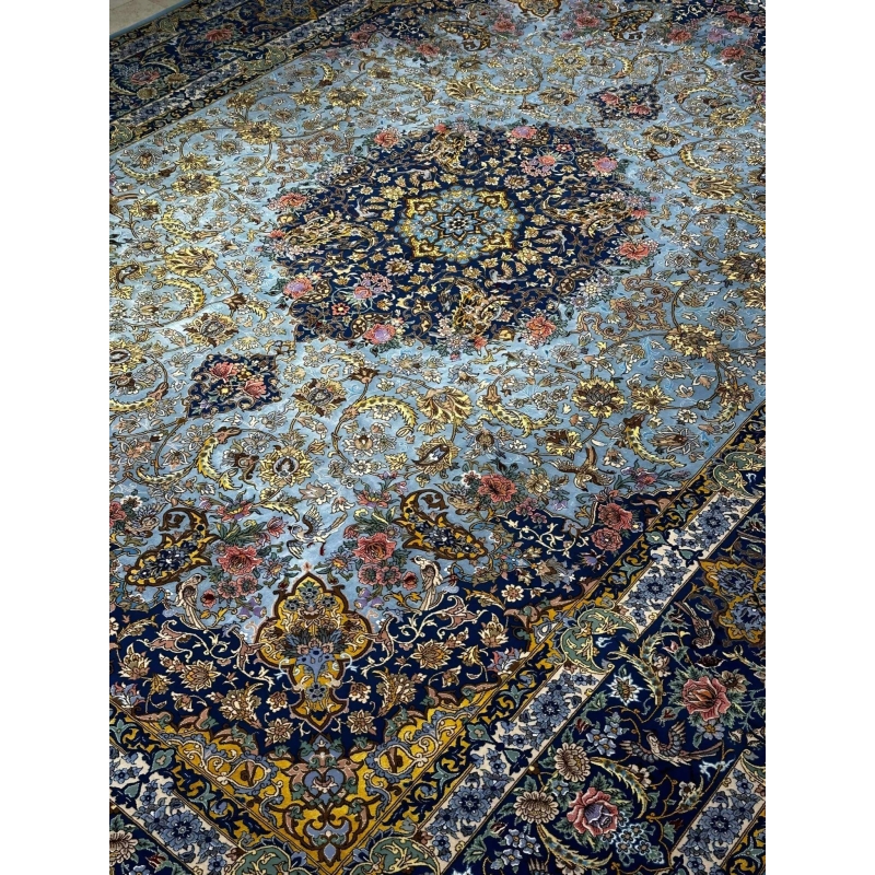 "High-density Persian rug, 350 cm x 250 cm, silk and wool blend, handwoven by master weaver Ali Karbasizadeh."