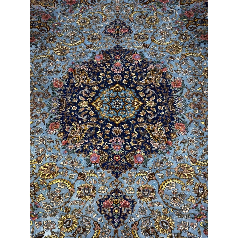 "One-of-a-kind Persian rug, handwoven with silk warp and wool-silk pile, perfect for sophisticated interiors."