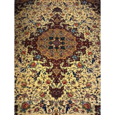 "Exquisite Persian wool rug with hand-knotted silk details, available for purchase"