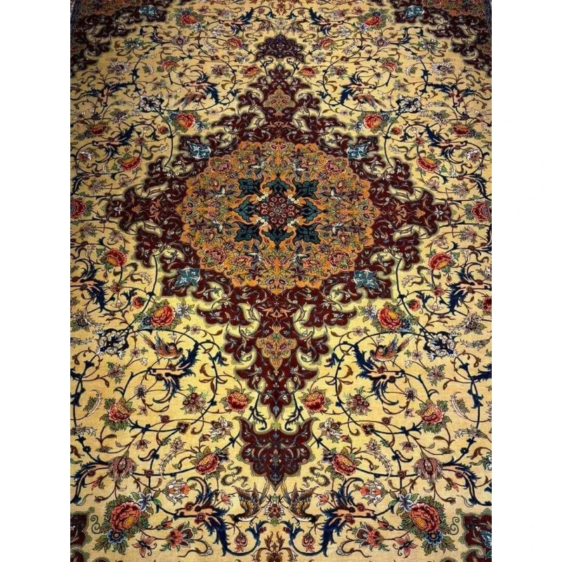 "Exquisite Persian wool rug with hand-knotted silk details, available for purchase"
