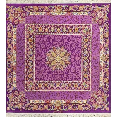 "Handmade square Persian rug in vibrant purple, crafted in Isfahan, Iran by weaver Hakimie. Measuring 200 cm x 200 cm, this silk and wool rug has a knot density of 810,000 knots/m², perfect for adding luxury to your living space."

