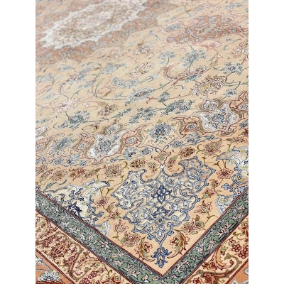 "Authentic Persian rug in soft pastel tones, handmade by Akhtarian"