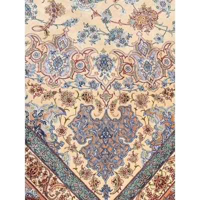 "Detailed close-up of Persian rug craftsmanship, floral silk and wool design"