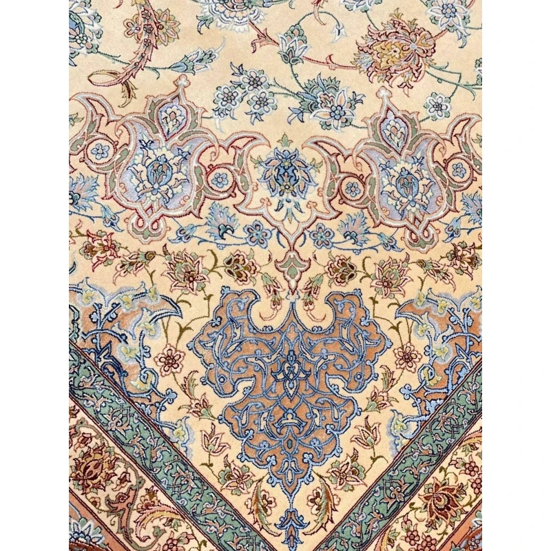 "Detailed close-up of Persian rug craftsmanship, floral silk and wool design"