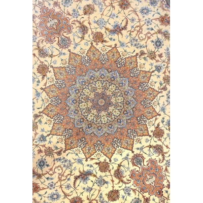 "Elegant Isfahan Persian carpet with silk floral patterns, traditional artistry"