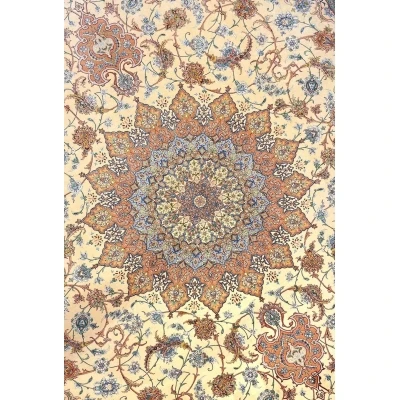 "Elegant Isfahan Persian carpet with silk floral patterns, traditional artistry"