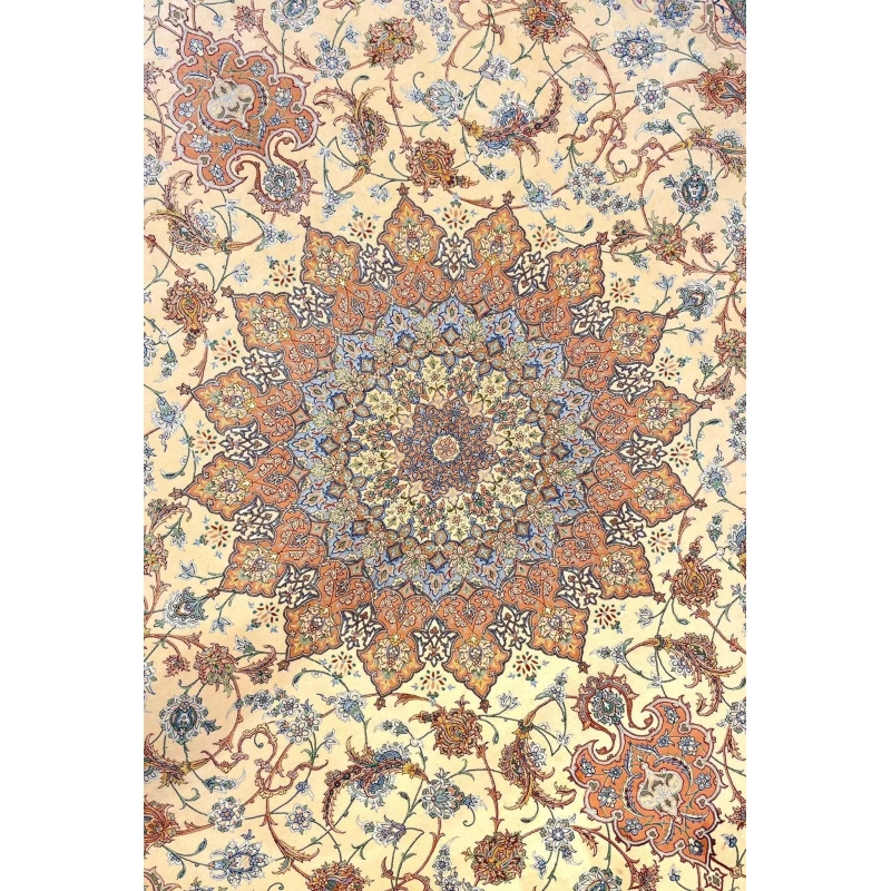 "Elegant Isfahan Persian carpet with silk floral patterns, traditional artistry"