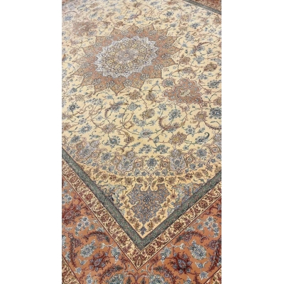 "Luxurious hand-knotted Persian rug with blue and rust accents, 810,000 knots"