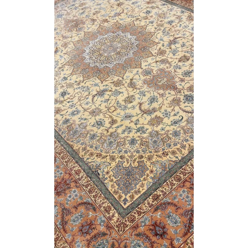 "Luxurious hand-knotted Persian rug with blue and rust accents, 810,000 knots"