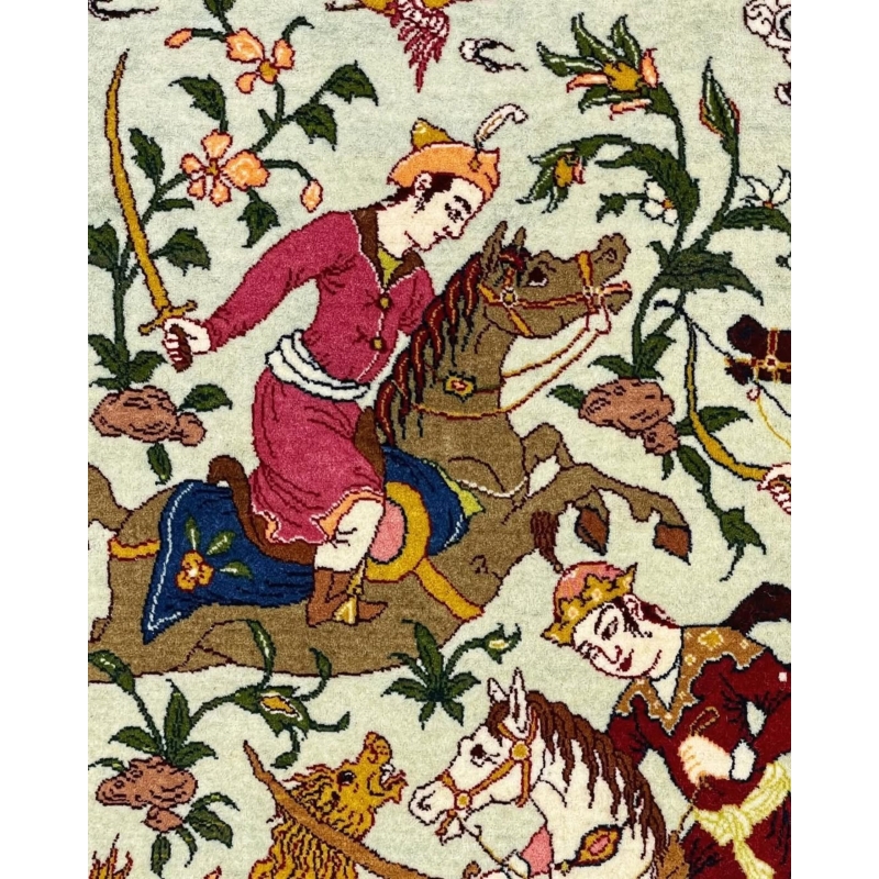 Close-up of detailed hunting scene on Green Seirafian Persian Rug.