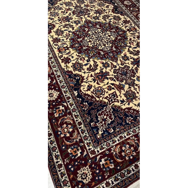 "Authentic Persian rug in 223x150 cm, made with natural dye, wool, and silk warp. Decorative oriental rug, perfect for luxury home decor. Handcrafted in Isfahan, Iran, and available in limited stock."