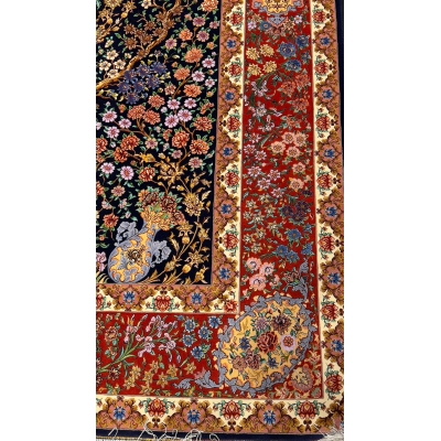 Floral and fauna patterns woven into the fabric of an Isfahan Bartarian Persian rug
