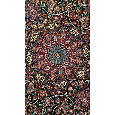 "Folded view of the Seirafian carpet highlighting the silk warp and texture."