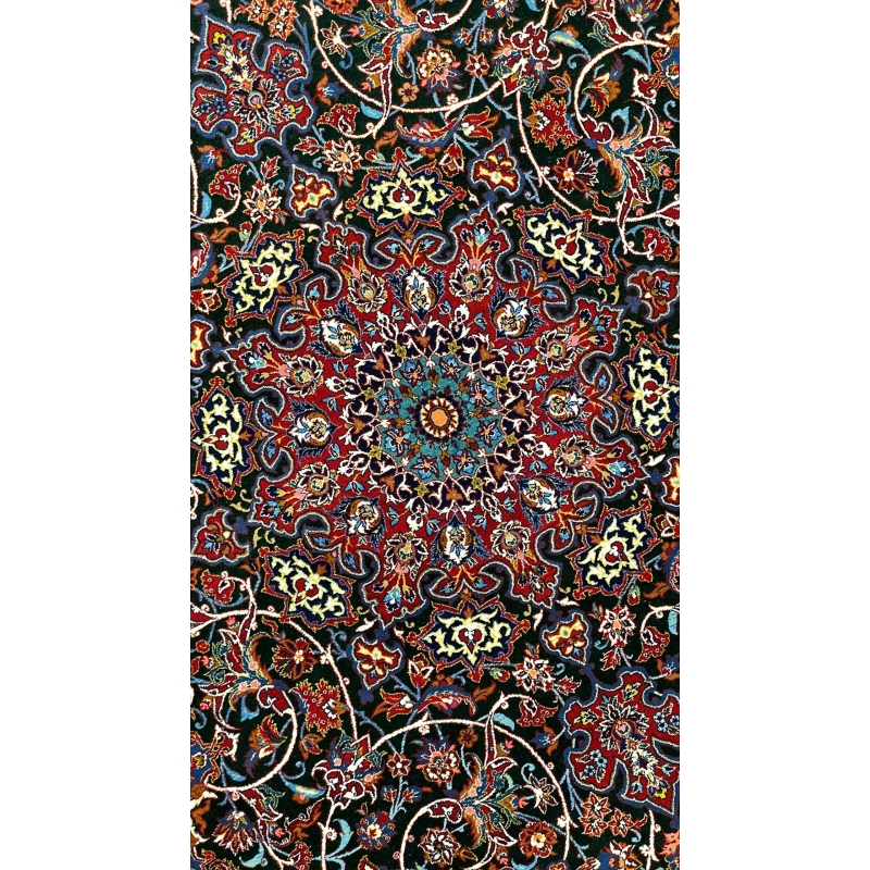 "Folded view of the Seirafian carpet highlighting the silk warp and texture."