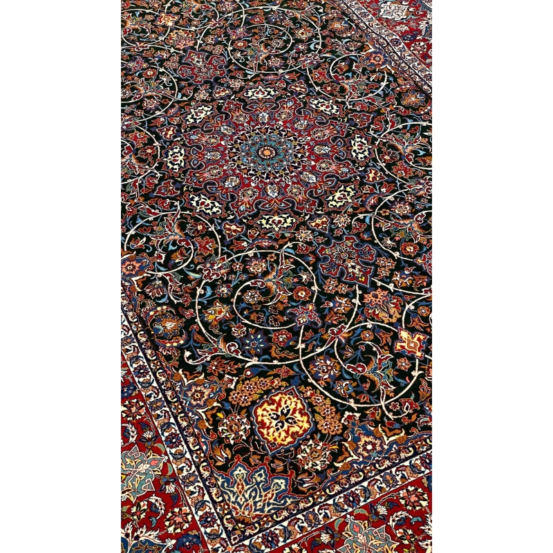 "Detailed corner view of the Seirafian carpet with traditional floral motifs."