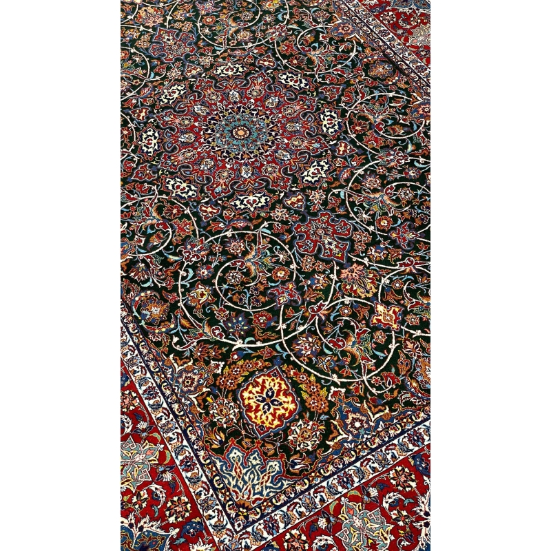 "Detailed corner view of the Seirafian carpet with traditional floral motifs."