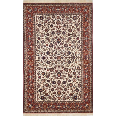 Antique Persian rug with red and beige floral patterns, hand-knotted in Isfahan, Iran