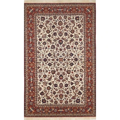 Antique Persian rug with red and beige floral patterns, hand-knotted in Isfahan, Iran