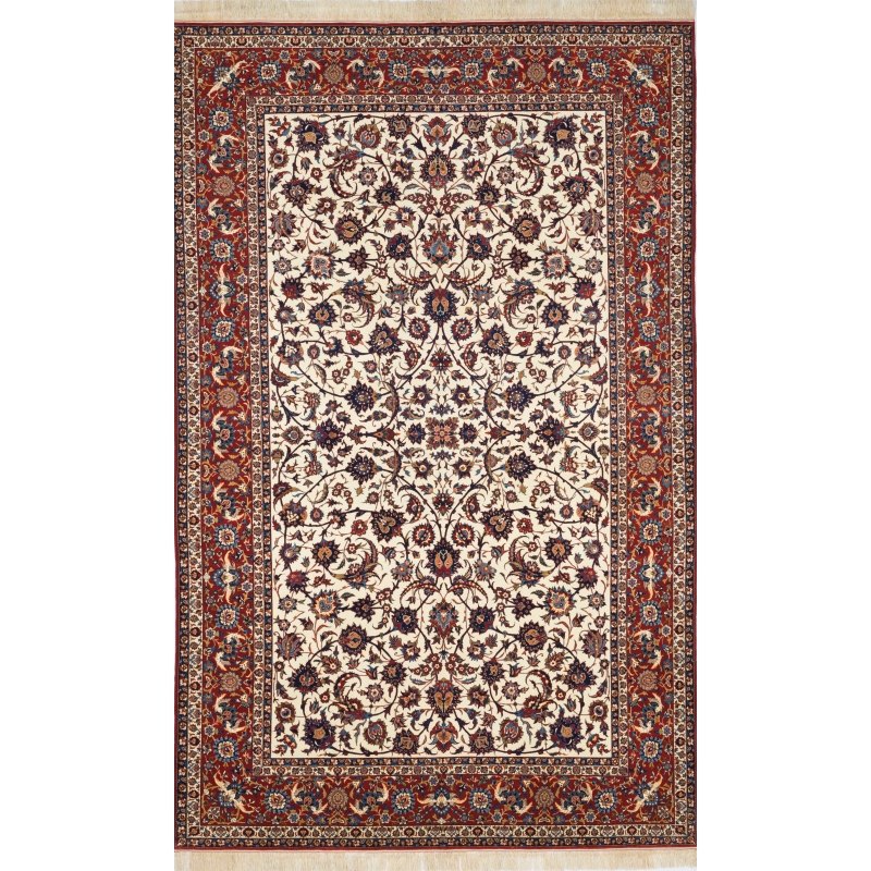 Antique Persian rug with red and beige floral patterns, hand-knotted in Isfahan, Iran