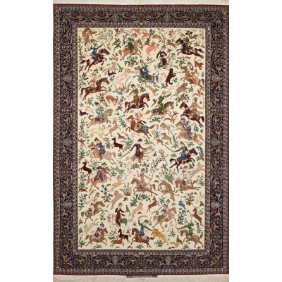 "Hand-knotted Persian hunting scene rug by Master Hassan Seirafian with intricate designs."