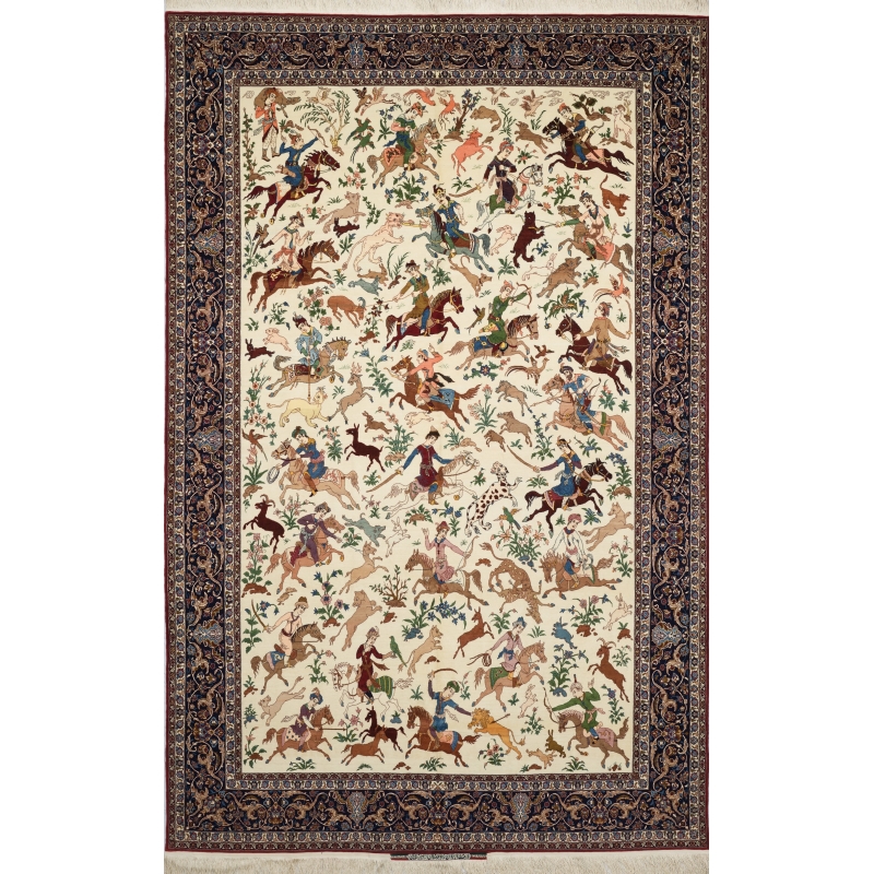 "Hand-knotted Persian hunting scene rug by Master Hassan Seirafian with intricate designs."