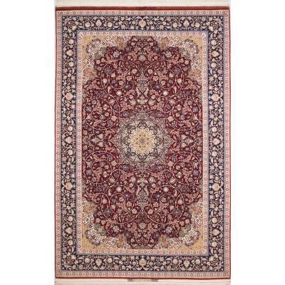 "Hand-knotted Isfahan rug by Grand Master Ali Seirafian with intricate medallion design."