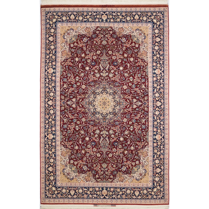 "Hand-knotted Isfahan rug by Grand Master Ali Seirafian with intricate medallion design."