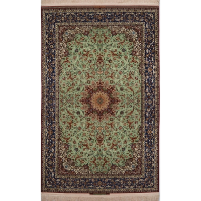 "Close-up of high knot count in Seirafian rug – intricate floral central medallion"