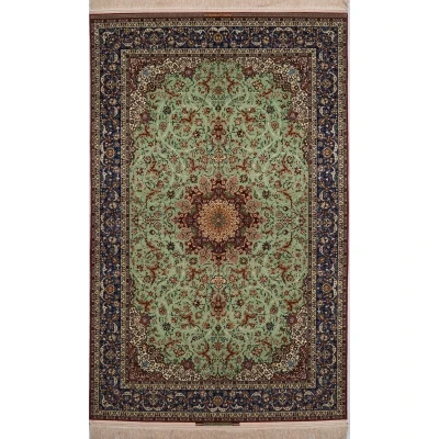 "Close-up of high knot count in Seirafian rug – intricate floral central medallion"