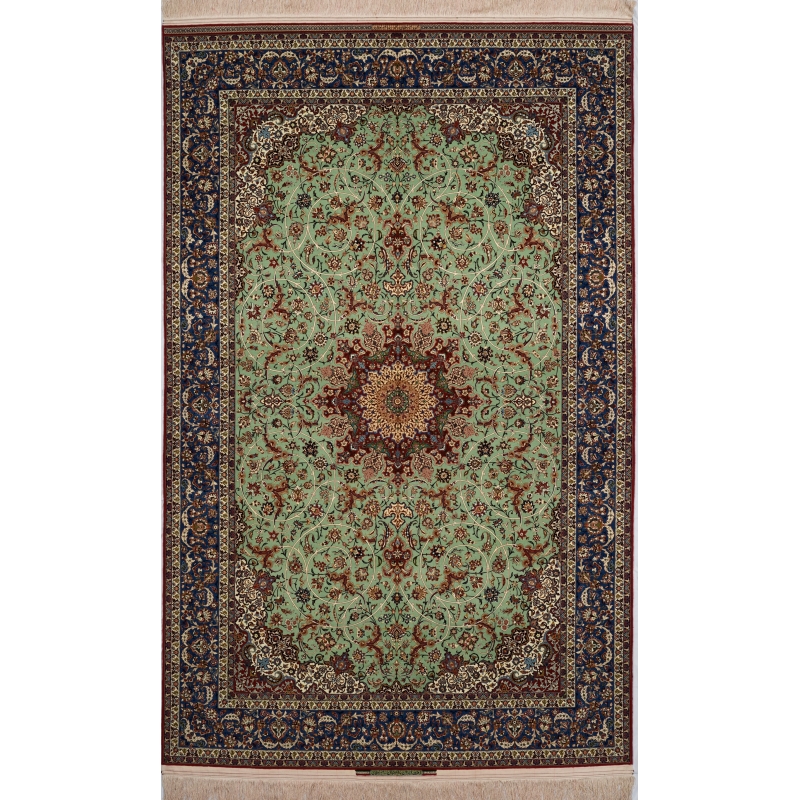 "Close-up of high knot count in Seirafian rug – intricate floral central medallion"