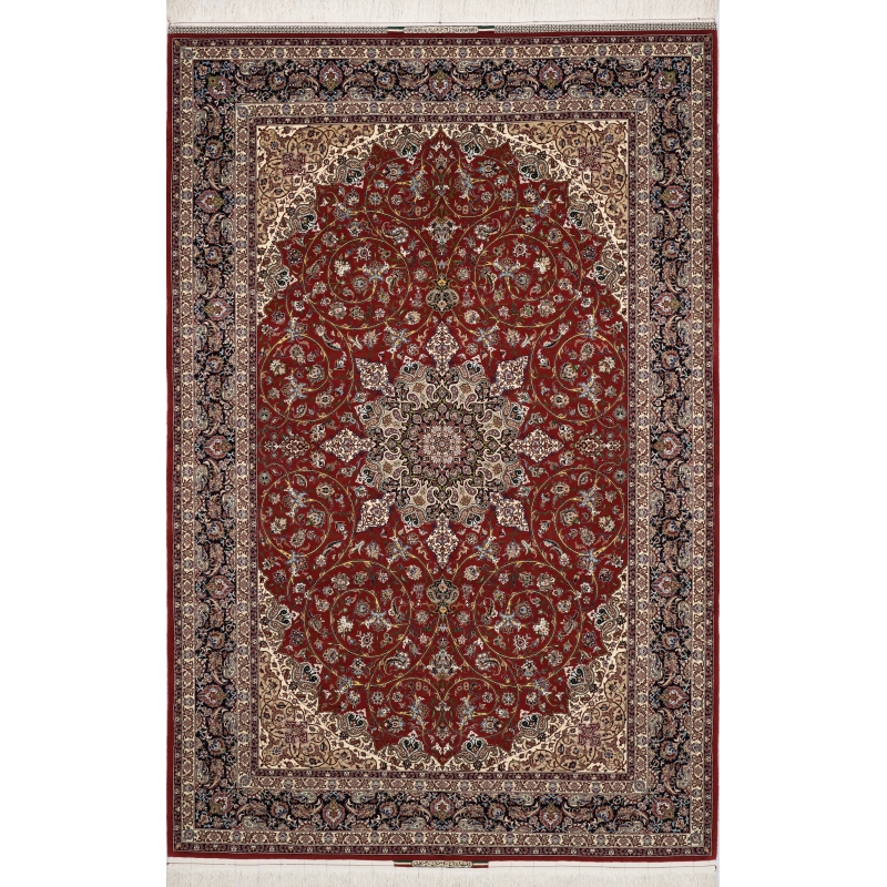 "Isfahan Persian rug, 10.5 x 7 feet, made by Master Bagher Seirafian with silk warp and intricate wool-silk blend pile, handcrafted in Iran."