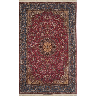 Antique Persian Rug by Ahmad Seirafian – A 75-year-old hand-knotted Isfahan rug featuring an intricate floral medallion on a rich red field, framed by an ornate blue and gold border, crafted from silk and wool.