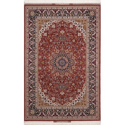 "Handwoven Isfahan rug by Master Bagher Seirafian with red, navy, and cream tones."