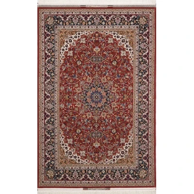 "Handwoven Isfahan rug by Master Bagher Seirafian with red, navy, and cream tones."